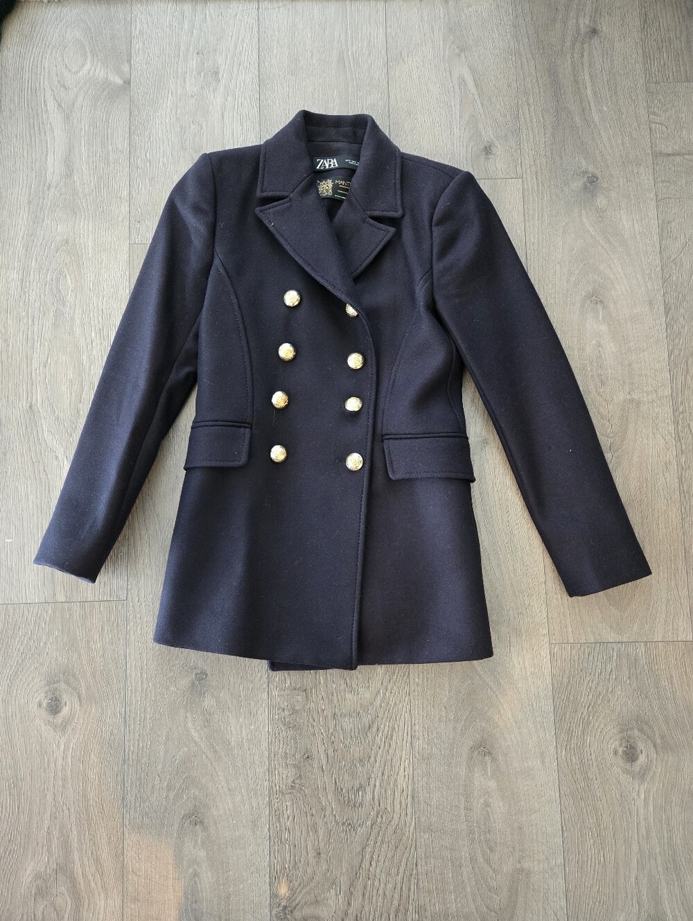 Zara Double-Breasted Dark Navy Manteco Wool Peacoat with Gold Buttons